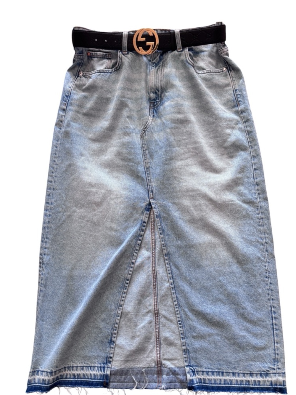 H&M Light Wash Denim Midi Skirt High Waist A-Line Front Slit Trendy
